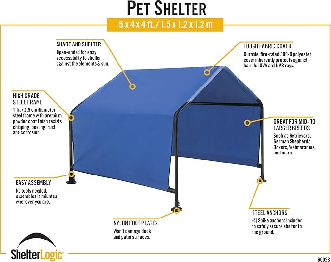 ShelterLogic 5' Outdoor Pet Shade, Versatile Pet Canopy Tent for Medium to Large-Breed Dogs, Cats, Small Animals and Livestock, Blue