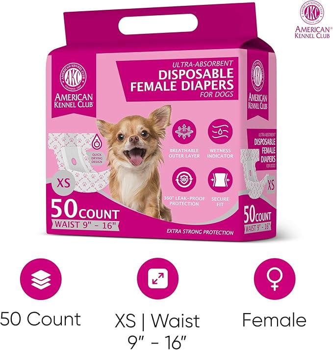 American Kennel Club Female Dog Wrap, Disposable Diapers with Wetness Indicator, X-Small, 50 Count (Pack of 6)