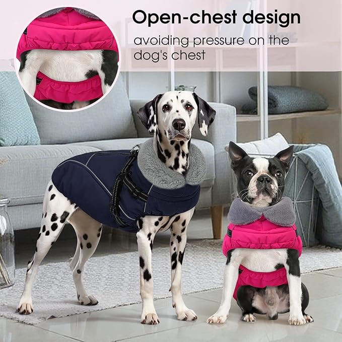 XXL Dog Winter Coat, Dog Puffer Jacket with Harness Built in, Pet Windproof Cold Weather Vest with Zipper Dogs Snowsuit, Rose 2XL