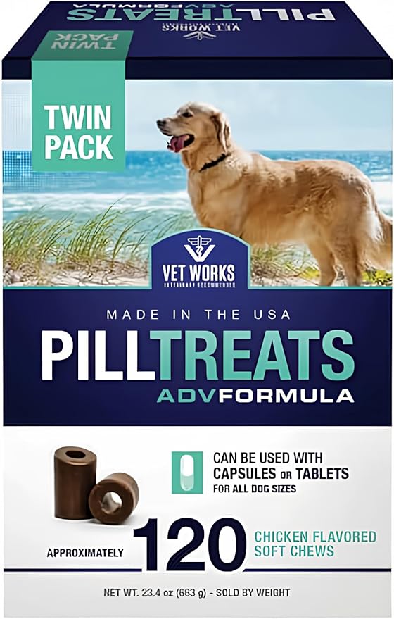 120 Count - Chicken Flavor Pill Treats Soft Chews - Health & Wellness Supplements for Dogs - Vet Works