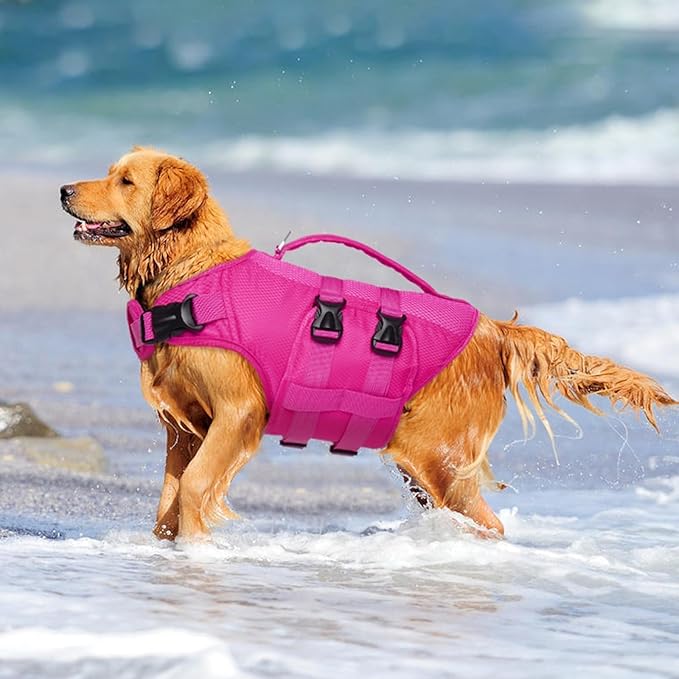 Kuoser Dog Life Jacket, XXL Dog Life Vest for Swimming Boating, Reflective Doggie Swimming Vest Pet Swim Preserver with Rescue Handle, Rosered XXL