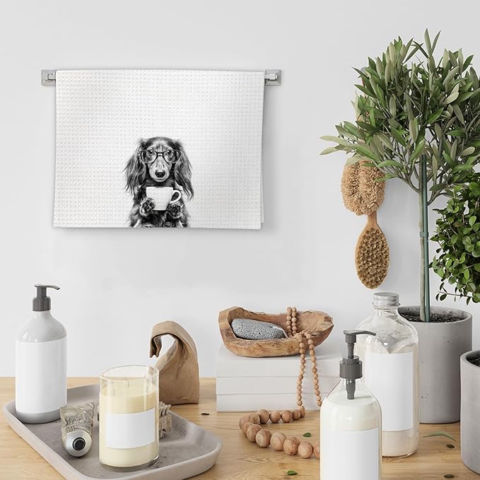 Long Haired Dachshund Gifts Coffee Kitchen Towels, Gifts for Dog Coffee Lovers Decorative Hand Tea Towel for Kitchen Home Bar, Funny Long Haired Dachshund Dog Owners CoffeeBar Decor(16x24In)