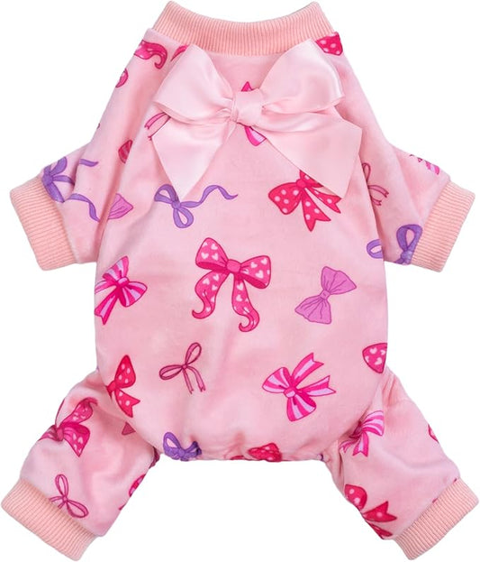 Fitwarm Bowknot Dog Flecce Pajamas, Cozy Valentines Day Outfit for Small Dogs Girl, Cute Pet Clothes, Pink, Red, Purple, XS