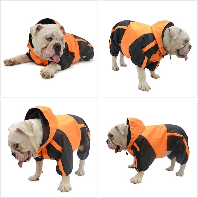Lovelonglong American Bully Pitbull Dog Hooded Raincoat, Bulldog Rain Jacket Poncho Waterproof Clothes with Hood Breathable 4 Feet Four Legs Rain Coats for Pugs English French Bulldog Orange B-XL