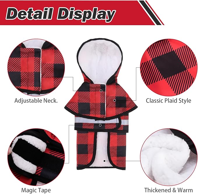 KOOLTAIL Winter Dog Raincoat Hooded Slicker Poncho with Leash Hole, Thick Fleece Rain Coats for Small Medium Dogs, Windproof Plush Warm Pet Rain Jacket with Reflective Adjustable Strip,Christmas Red S