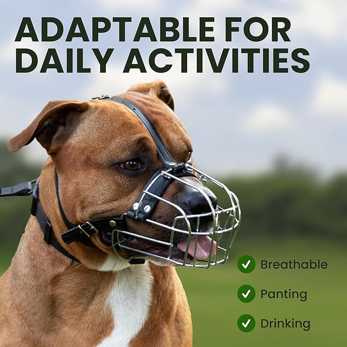 BRONZEDOG Pitbull Dog Muzzle Metal Mask Amstaff Wire Basket Pit Bull Adjustable Leather Straps for Large Dogs (Black)