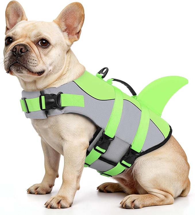 Queenmore Dog Life Jacket Ripstop Shark Dog Safety Vest Adjustable Preserver with High Buoyancy and Durable Rescue Handle for Small,Medium,Large Dogs, Green Shark Medium