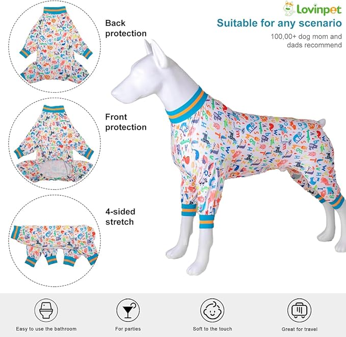 LovinPet Onesies Dog Pajamas for Large Breed Dogs, Undershirt for Large Dog,Lightweight Stretchy Flannel Fabric,White Noah's Ark Alphabet Print, Uv Protection Shirt,Easy to Wear,Medium