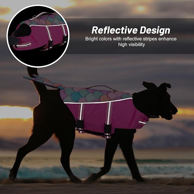 cyeollo Dog Life Jacket Mermaid Dog Safety Vest with Rescue Handle Refletive Strip Small Dogs Life Vests for Swimming Boating, Pink S