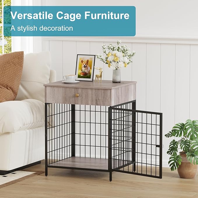 Decorative Grey Steel-Tube Dog Kennel Table with Drawer, Chew-Proof Indoor Pet Crate End Table for Small Dogs