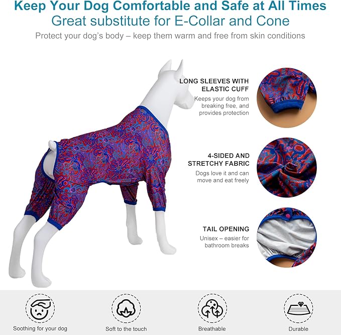 LovinPet Male Large Dog Bodysuit, Dog Pajamas, Lightweight Stretchy Fabric, Red Octopus Print, Uv Protection, Pjs for Pitbulls, Onesies for Dogs, Pajamas for Giant Breed Dogs, XL
