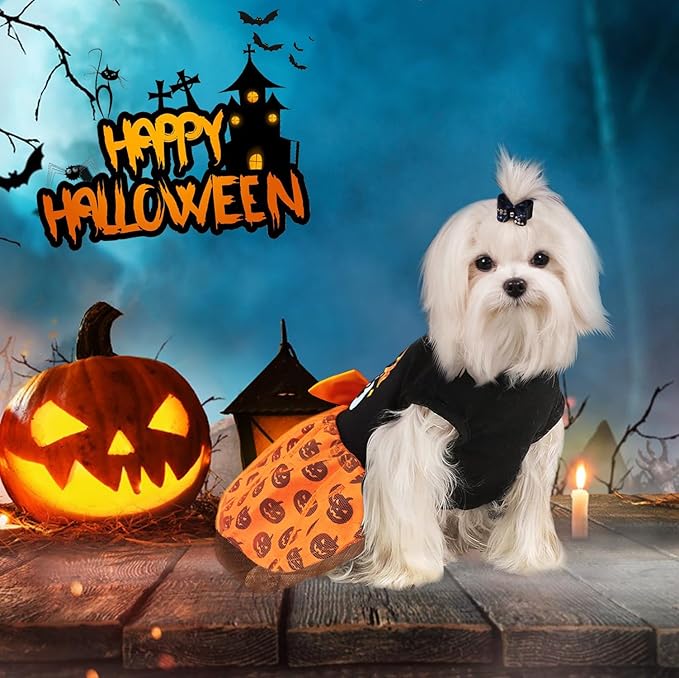 Idepet Dog Dress Halloween, Holiday Puppy Skirt Cute Boo Dog Costume Funny Pumpkin Print Pet Apparel Dog Clothes for Small Dogs Girls and Cats (Large)