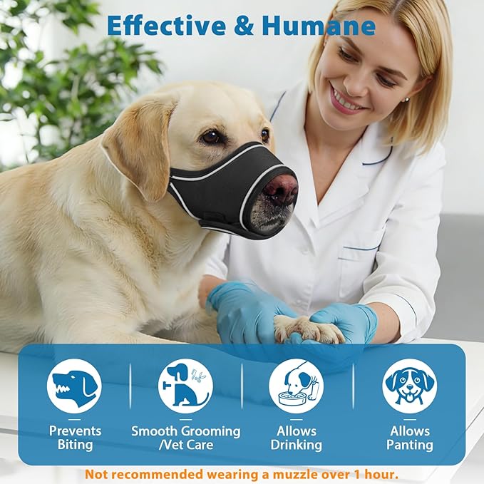 LUCKYPAW Dog Muzzle for Small Medium Large Dog Labrador Golden Retriever German Shepherd, Soft Oxford Cloth Muzzle to Prevent Biting Chewing for Training Grooming with Buckle Reflective Strip(Blakc,L)