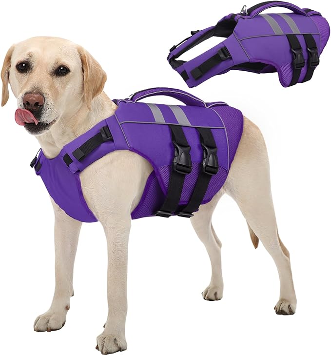 Kuoser XL Dog Life Jacket, Large High Flotation Dog Life Vest for Swimming Boating, Reflective Dog Swimming Vest Pet Life Preserver with Rescue Handle, Purple XL