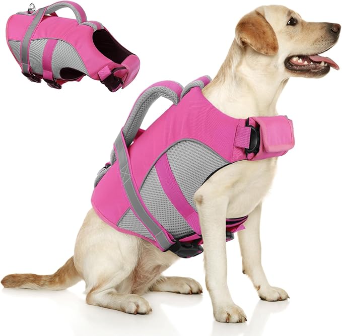 Queenmore Dog Life Vest for Swimming, Adjustable High Visibility Dog Life Jacket with Superior Buoyancy and Rescue Handle, Pink, S