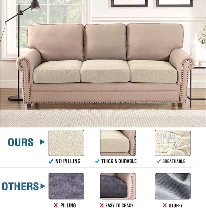 H.VERSAILTEX Jacquard Couch Cushion Covers High Stretch Sofa Covers for 3 Cushion Couch Furniture Protector Spandex Anti-Slip Soft Thickened Slipcovers Damask Pattern(3 Seat Covers, Ivory)