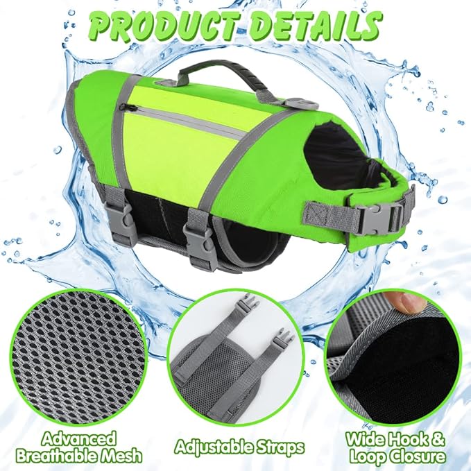 EMUST Dog Flotation Vest, High Visibility Life Vests for Dogs with High Buoyancy, Heavy-Duty Dog Life Jackets for Large Dogs with Adjustable Straps for Pugs, Boxers, Basset Hounds, Green, L