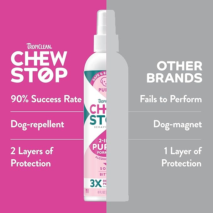TropiClean No Chew Spray for Puppies, Better Than Bitter Apple Spray, Safe & Natural Chew + Lick Deterrent, Protect Home, Skin & More! 8oz