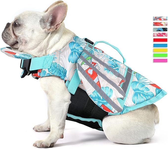 Dog Life Jacket, Wings Pet Life Vest for Swimming Boating Reflective Dog Flotation Swim Vest with Handle and Chin Float for Small Medium Large Size Dogs - Leaves Blue, M