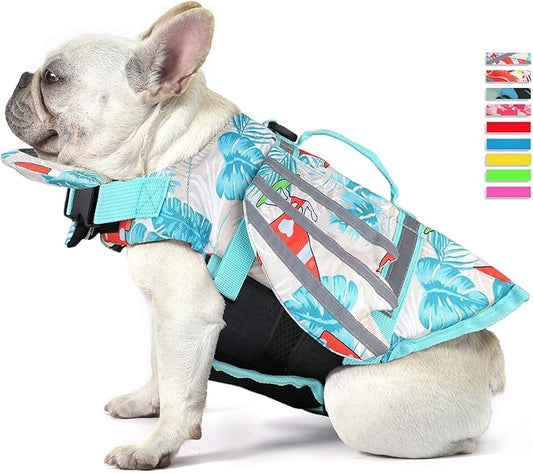 Dog Life Jacket, Wings Pet Life Vest for Swimming Boating Reflective Dog Flotation Swim Vest with Handle and Chin Float for Small Medium Large Size Dogs - Leaves Blue, M