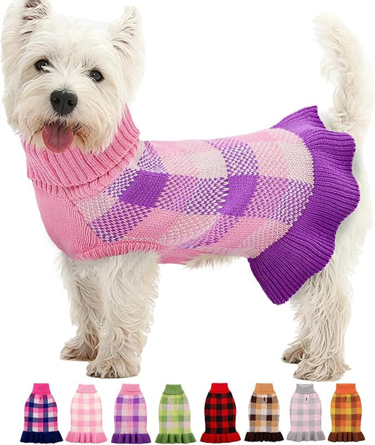 Dog Sweater Dress Plaid Knitwear for Small Medium Dogs Warm Puppy Pet Turtleneck Stretch Pullover Cute Fall Winter Vest Clothes with Leash Hole for Christmas (Purple, L)