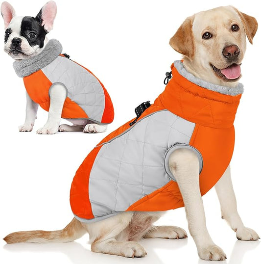 AOFITEE Dog Coat, Warm Dog Jacket, Reflective Dogs Winter Coat with Harness Built in and Fleece Lined, Waterproof Pet Winter Jacket Snowsuit for Small Medium Large Dogs, Orange L