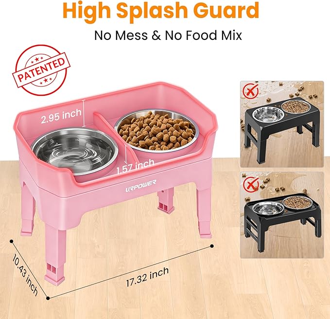 URPOWER 3-in-1 Elevated Dog Bowls - Mess Proof Double Deck 4 Height Adjustable Raised Stand with 2 Stainless Steel Food Bowls and Licking Plate for Small Medium & Large Dogs
