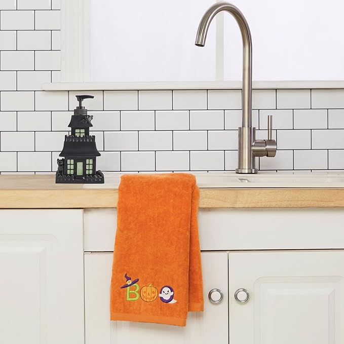 SKL Home Halloween Boo 100% Cotton Embroidered 2pc Hand Towel Set, Decorative for Bath/Kitchen/Bar & Gift, Orange