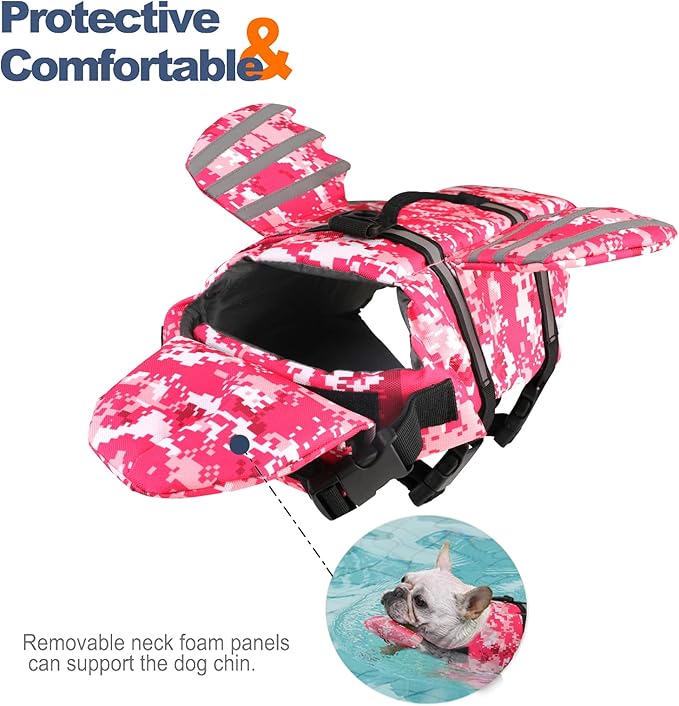 Dog Life Jacket, Wings Pet Life Vest for Swimming Boating Reflective Dog Flotation Swim Vest with Handle and Chin Float for Small Medium Large Size Dogs - Pink Camo, L