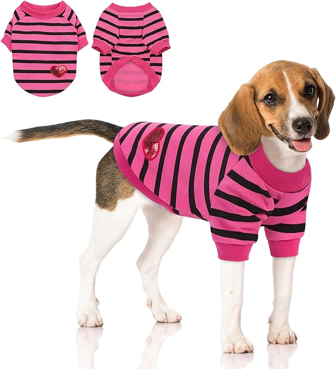 Queenmore Dog Cotton Shirt, Striped Dog T-Shirt, Long Sleeve Puppy Clothes for Small Medium Dogs Cats, Dog Outfits for Frenchie, Dachshund, Yorkie, X-Large, Pink