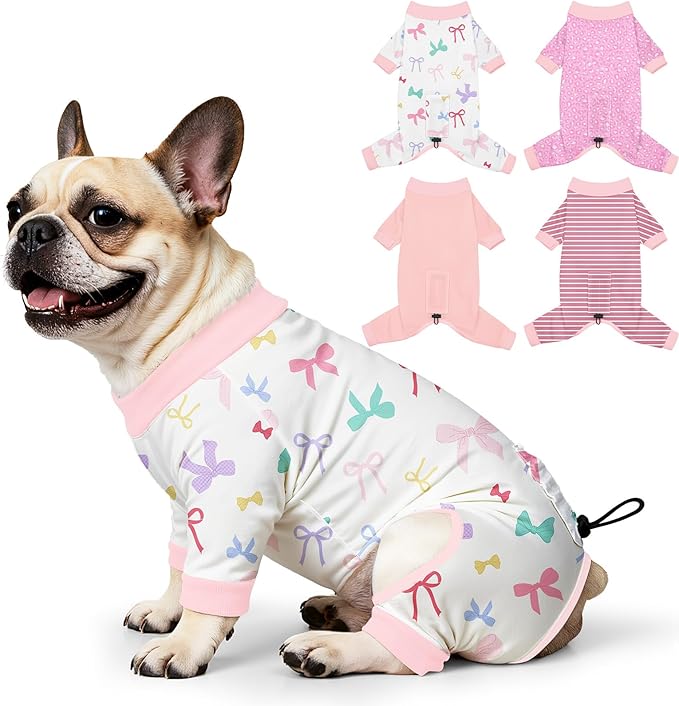 Bienbee Dog Pajamas, 4 Pack Dog Recovery Suit Shedding Suit Cute Soft Puppy Clothes Dogs Pjs Onesies Jammies Adjustable Breathable & Stretchy Clothes for Small Medium Large Dogs Girl Boy Puppy-L