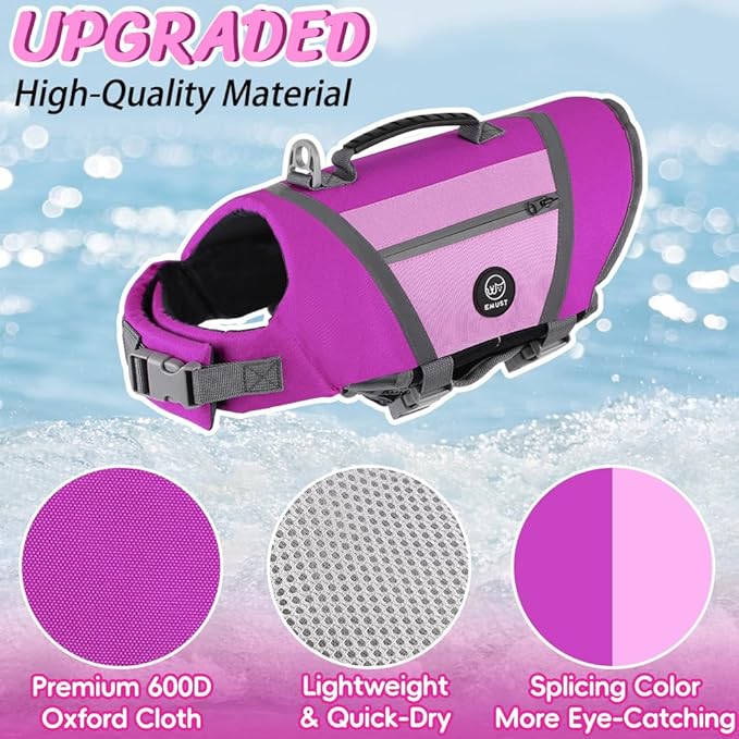 EMUST Dog Flotation Vest, High Visibility Life Vests for Dogs with High Buoyancy, Heavy-Duty Dog Life Jackets for Large Dogs with Adjustable Straps for Pugs, Boxers, Basset Hounds, Purple, L