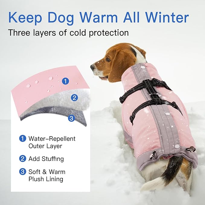 Turtleneck Dog Coat with Harness Built in - S,Soft Warm Lining | Adjustable Reflective Harness Coats for Small Dogs,Snow Day Water-Repellent,Windproof & Cold-Resistant Jacket (Light Pink)