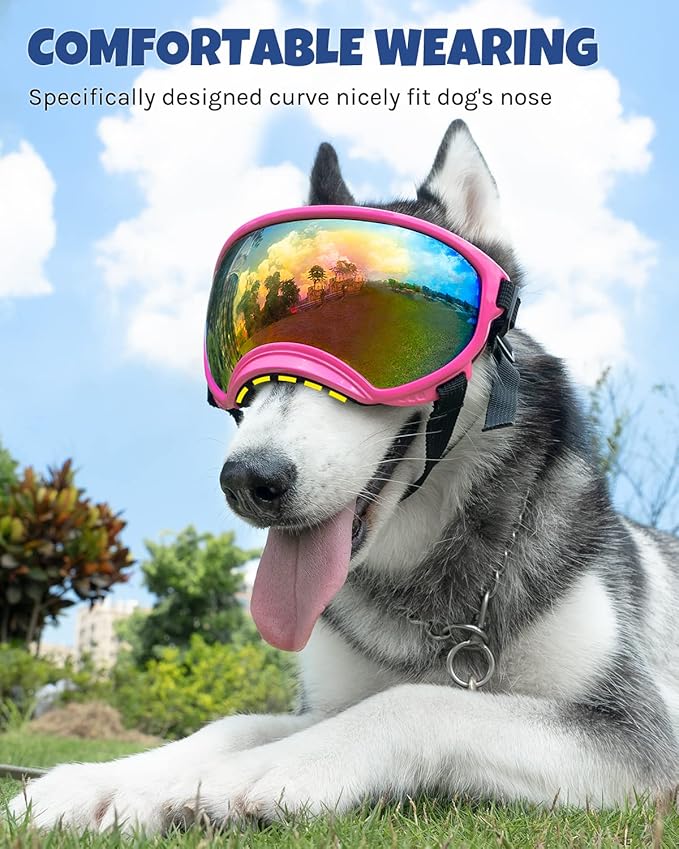 Large Dog Sunglasses, Dog Goggles Large Breed and Medium, UV Protection, Windproof, Dustproof and Snowproof. Shatterproof Lens, Adjustable Strap