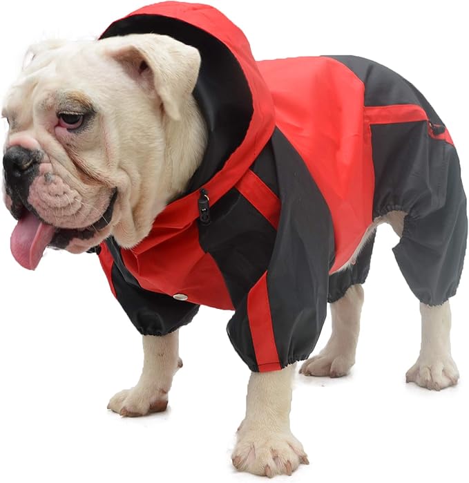 Lovelonglong American Bully Pitbull Dog Hooded Raincoat, Bulldog Rain Jacket Poncho Waterproof Clothes with Hood Breathable 4 Feet Four Legs Rain Coats for Pugs English French Bulldog Red B-S