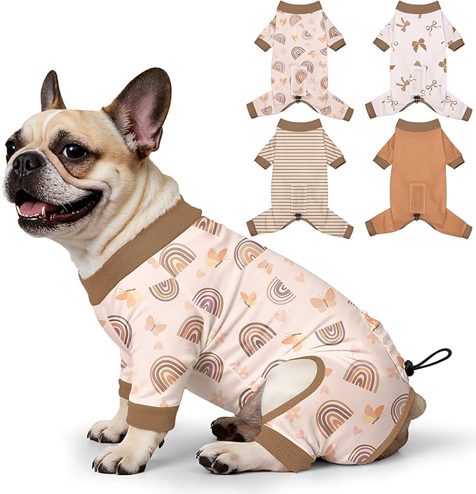 Bienbee Dog Pajamas, 4 Pack Dog Recovery Suit Shedding Suit Cute Soft Puppy Clothes Dogs Pjs Onesies Jammies Adjustable Breathable & Stretchy Clothes for Small Medium Large Dogs Girl Boy Puppy-L