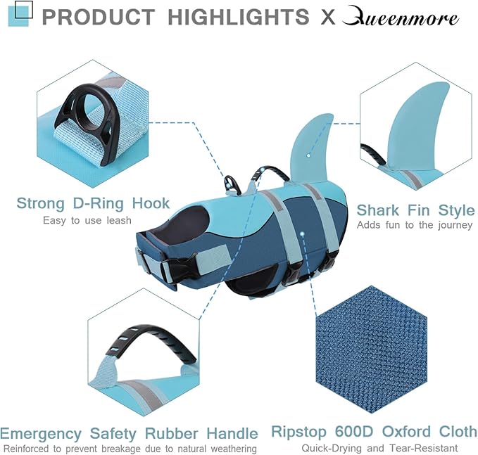 Queenmore Dog Life Jacket High Flotation, Reflective Dog Life Vest for Swimming, Adjustable Dogs Life Preserver Rescue Handle Spring Summer Pool for Small, Medium, Large Dogs (Ocean Blue,L)