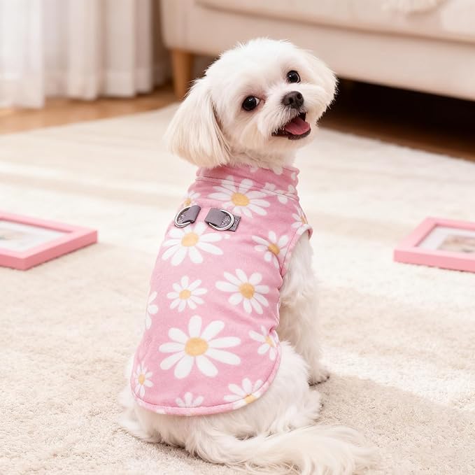 BEAUTYZOO Dog Fleece Vest Sweater Winter Jacket for Small and Medium Dogs with D-Ring Leash Cold Weather Coat Hoodie for XS S M Dogs Boy or Girls,Pink Daisy S