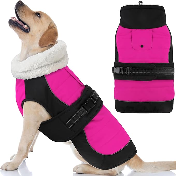 Dogcheer Waterproof Dog Coat, Christmas Dog Winter Jacket, Adjustable Puppy Fleece Coat for Cold Weather, Reflective Turtleneck Snow Jacket for Small Medium Large Dogs - Pink, M