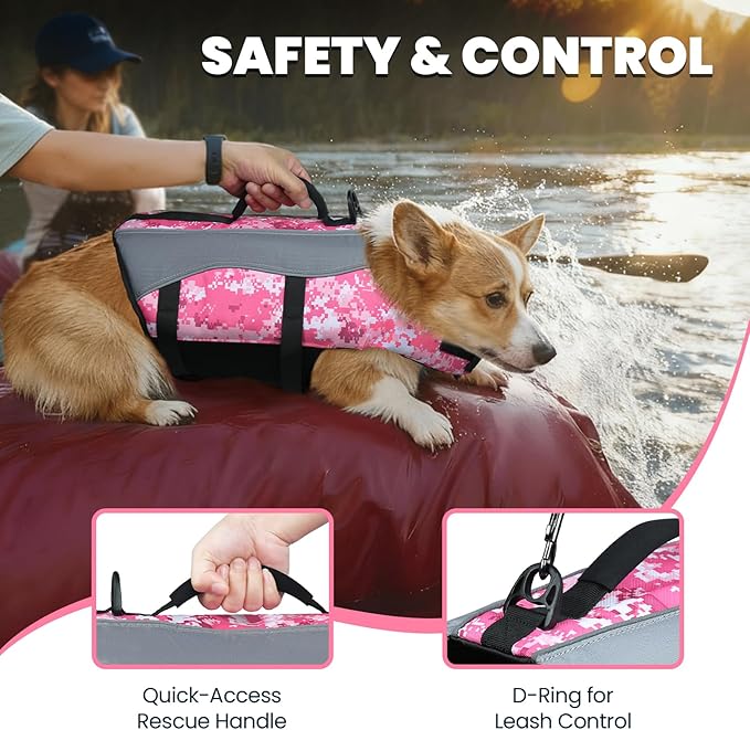 VIVAGLORY Front Float Dog Life Vest, Dog Life Jacket for Swimming & Boating, Swimming Vest with Chin Float & Handle, Ripstop & Buoyancy for Puppy Doggy, S, Camo Pink