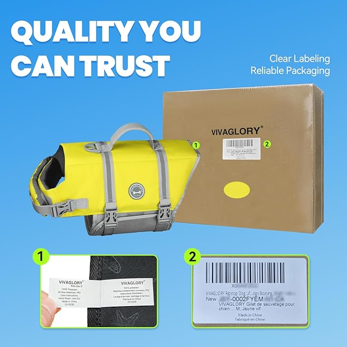 VIVAGLORY Rip Stop Dog Life Vest, Swimming Vest with Handle, Buoyancy for Doggy Puppy, Dog Life Jacket for Swimming & Boating, S, Yellow Grey