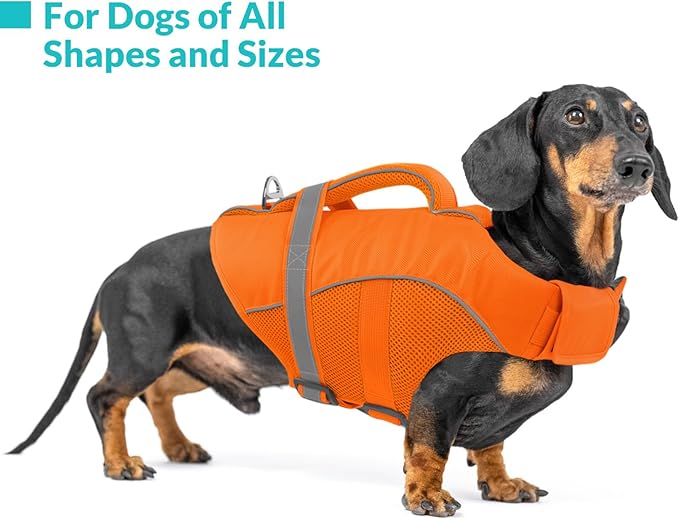 Queenmore Dog Life Jacket, Adjustable Ripstop Dog Life Vest for Swimming Boating, Pet Lifesaver with Superior Buoyancy and Rescue Handle, Doggy Swimming Vest for Large Dogs（Orange,L）