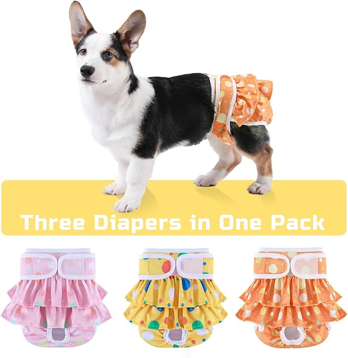 Washable Dog Diapers Female 3 Pack Reusable Premium Highly Absorbent, Flexible Puppy Diapers, Durable Leak-Proof Dot for Period Heat Incontinence Potty Training, XS
