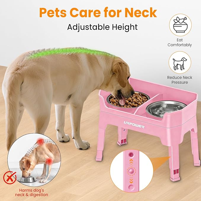 URPOWER 3-in-1 Elevated Dog Bowls - Mess Proof Double Deck 4 Height Adjustable Raised Stand with 2 Stainless Steel Food Bowls and Licking Plate for Small Medium & Large Dogs