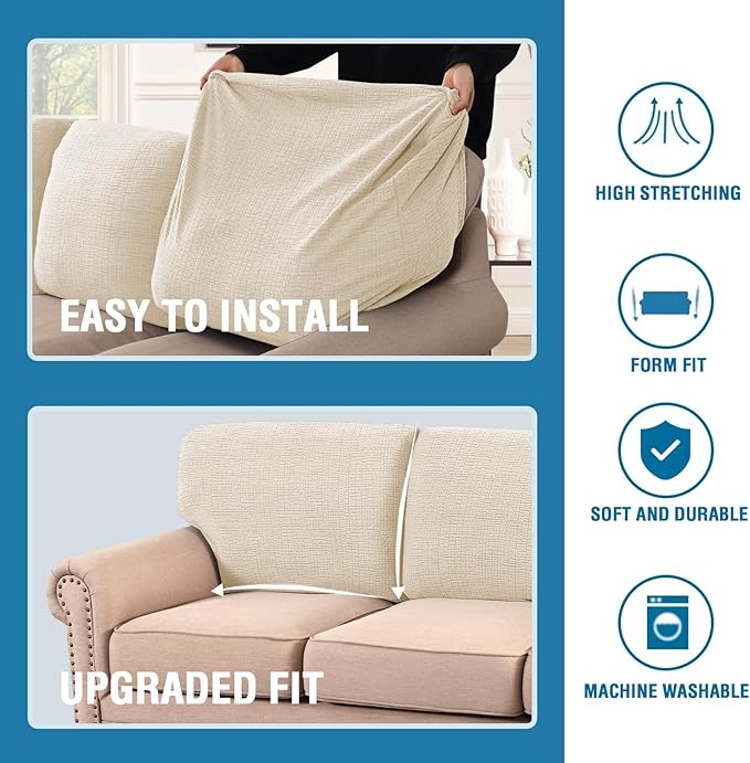 H.VERSAILTEX Jacquard Couch Cushion Covers High Stretch Sofa Covers for 3 Cushion Couch Furniture Protector Spandex Anti-Slip Soft Thickened Slipcovers Crizzle Pattern(3 Back Covers, Ivory)