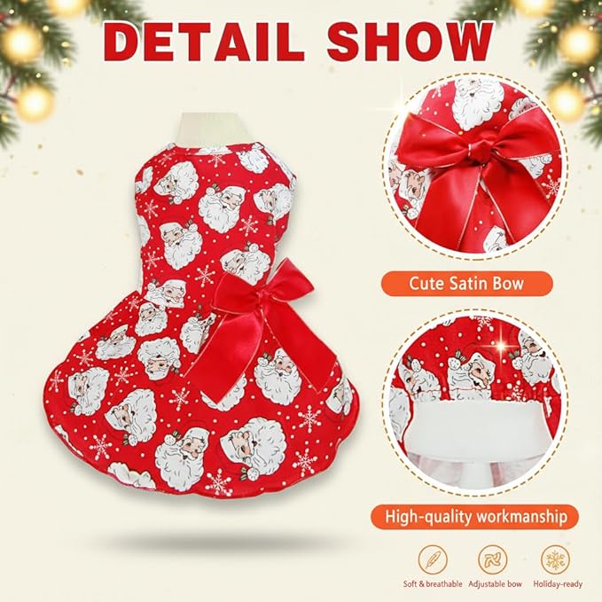 Christmas Santa Claus Dog Dress, Festive Holiday Pet Skirt Outfit with Snowflake Design for Small and Medium Dogs
