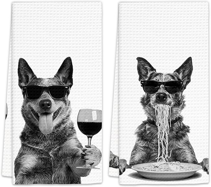 Blue Heeler Gifts Wine Kitchen Towels Set of 2, Funny Dog Eating Pasta Decorative Hand Dish Towel for Kitchen Home Bar, Gift for Australian Cattle Dog Wine Lovers Home Bar Decor(16x24Inch)