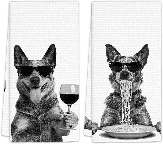 Blue Heeler Gifts Wine Kitchen Towels Set of 2, Funny Dog Eating Pasta Decorative Hand Dish Towel for Kitchen Home Bar, Gift for Australian Cattle Dog Wine Lovers Home Bar Decor(16x24Inch)