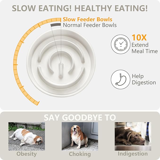 Ceramic Slow Feeder and Water Bowl Set for Medium and Large Dogs, 8.0 Inches Ceramic Dog Bowls Elevated with Wooden Stand, 2.0 Cups Dog Slow Feeder(30oz) and 70oz Water Bowl Set, White