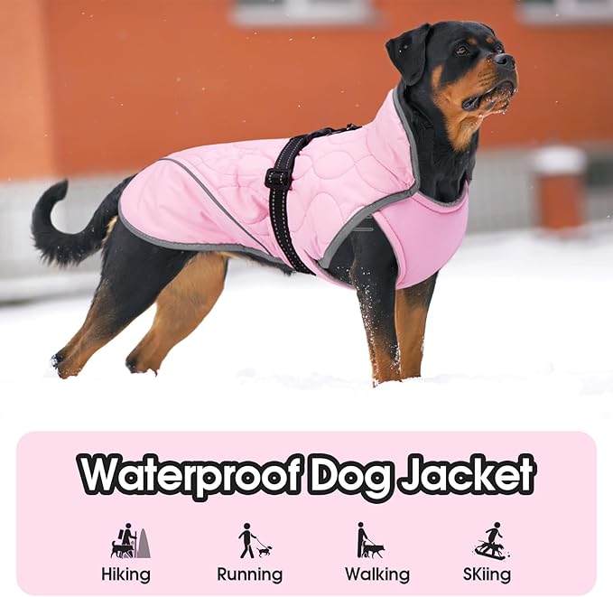 IDOMIK Dog Winter Jacket, Adjustable Waterproof Dog Warm Coat with Fleece Lining, Turtleneck Windproof Cold Weather Coats for Winter, Reflective Warm Snow Jacket for Schnauzer French Bulldog,Pink,M